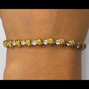 Tennis Bracelet, Gold Plated Silver and Synthetic Diamond